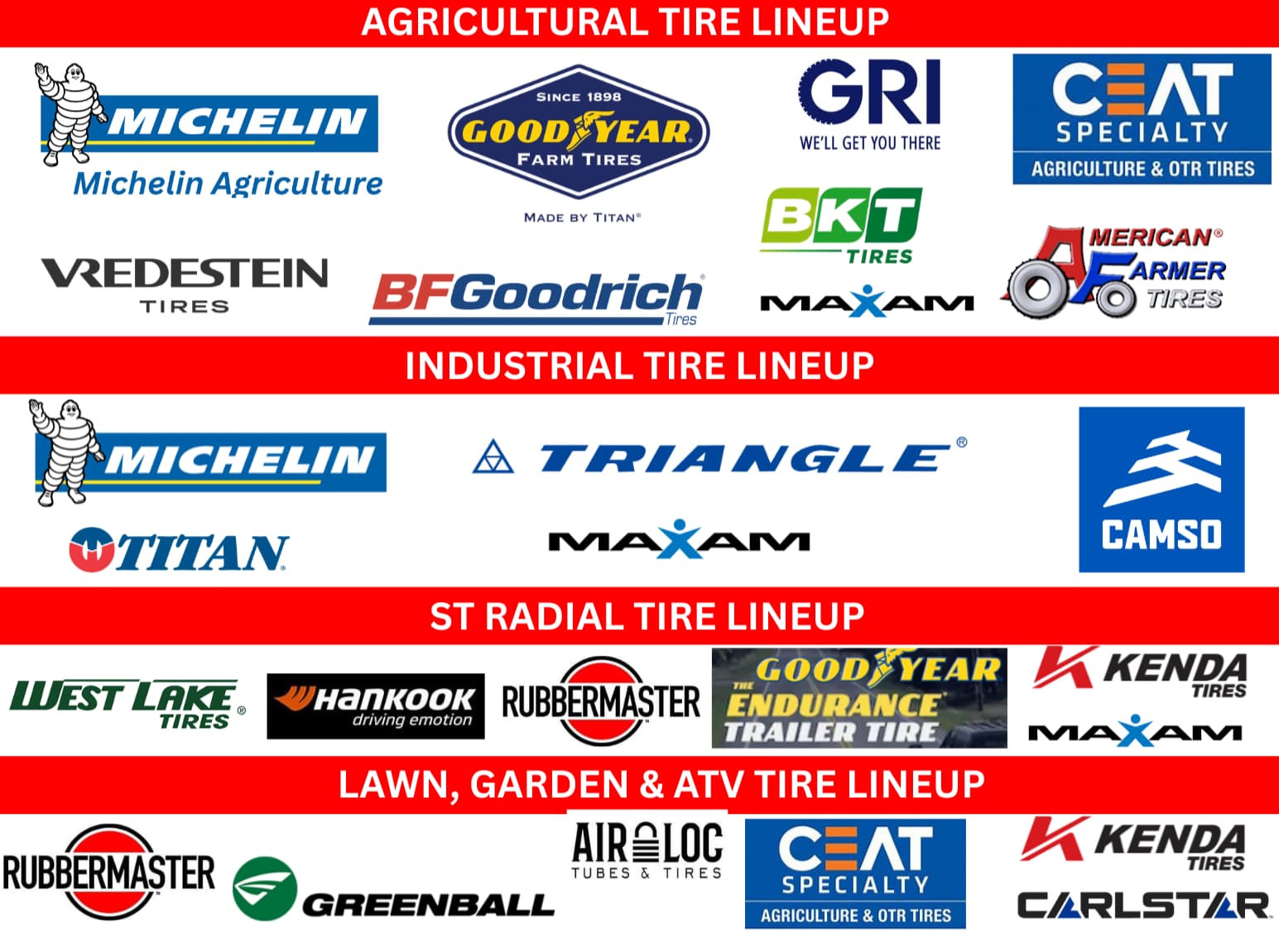 Ag and Industrial Tire Brands Lineup Chart